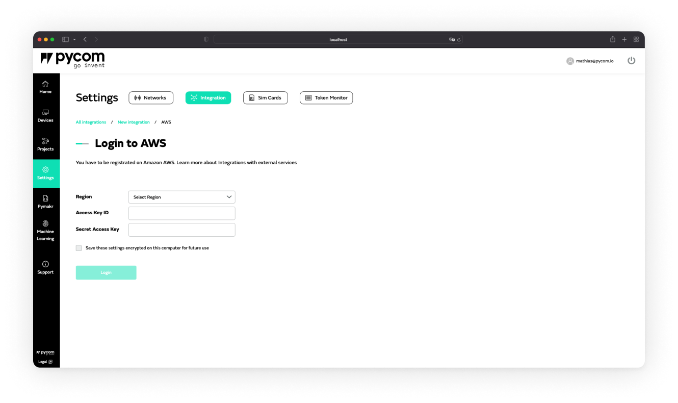 Fill in the form with AWS keys and choosing a region